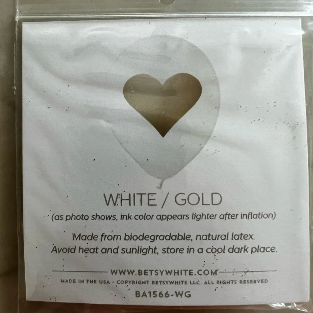Betsy White Heart Balloons set (includes 2) gold heart white balloons NWT